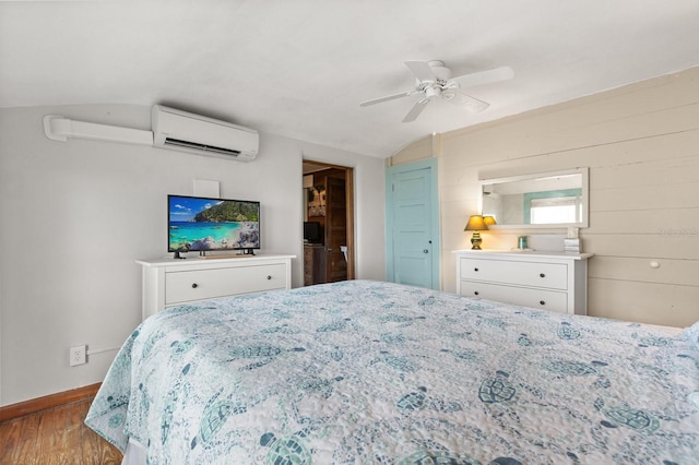 4039 S Atlantic Ave, Port Orange, FL 32127 - bedroom with a wall mounted air conditioner, lofted ceiling, wood finished floors, and a ceiling fan