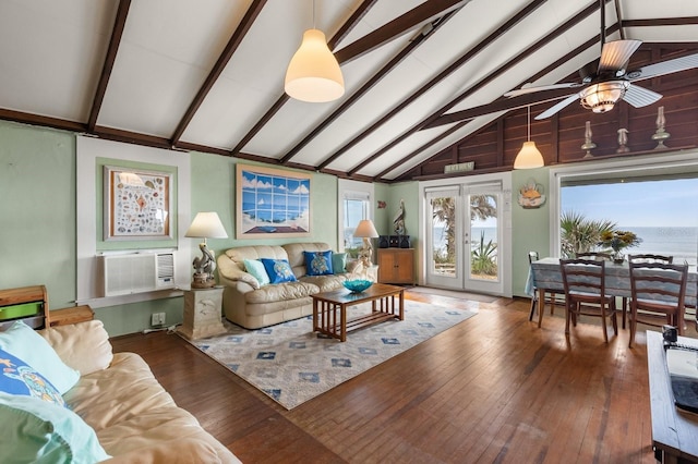 4039 S Atlantic Ave, Port Orange, FL 32127 - living room featuring beam ceiling, wood-type flooring, a ceiling fan, cooling unit, and high vaulted ceiling