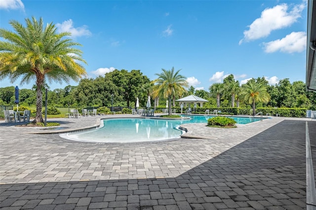 3349 Sagebrush St, Harmony, FL 34773 - community pool with a patio area, a gazebo, and view of scattered trees