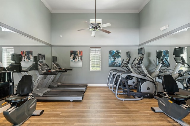 3349 Sagebrush St, Harmony, FL 34773 - exercise room with a ceiling fan, a high ceiling, wood finished floors, crown molding, and baseboards