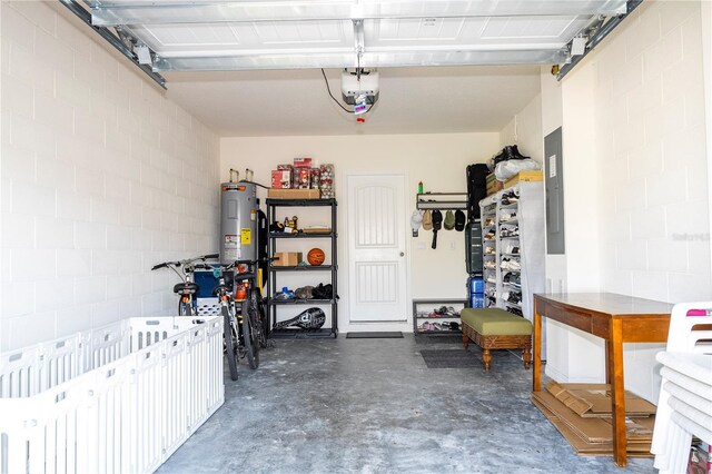 13452 Sagestone Dr, Winter Garden, FL 34787 - garage with water heater, concrete block wall, a garage door opener, and electric panel