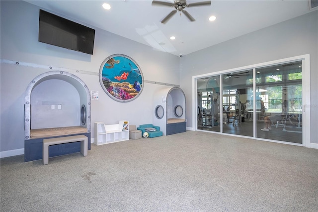 13452 Sagestone Dr, Winter Garden, FL 34787 - living room featuring ceiling fan, baseboards, a high ceiling, and recessed lighting