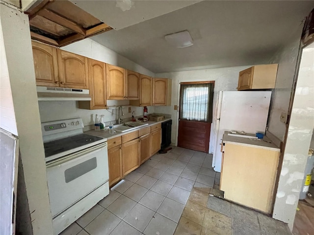 432 2nd Ave NE, Largo, FL 33770 - kitchen featuring under cabinet range hood, white appliances, a sink, light countertops, and light tile patterned floors