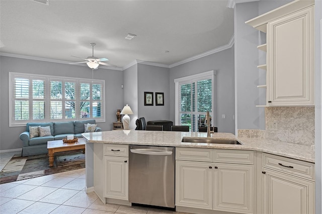 1124 Hidden Blf, Clermont, FL 34711 - kitchen featuring stainless steel dishwasher, a sink, open shelves, a ceiling fan, and plenty of natural light