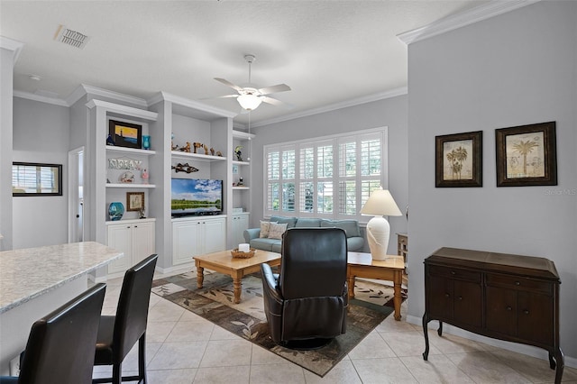 1124 Hidden Blf, Clermont, FL 34711 - living area with a ceiling fan, ornamental molding, light tile patterned floors, baseboards, and built in shelves