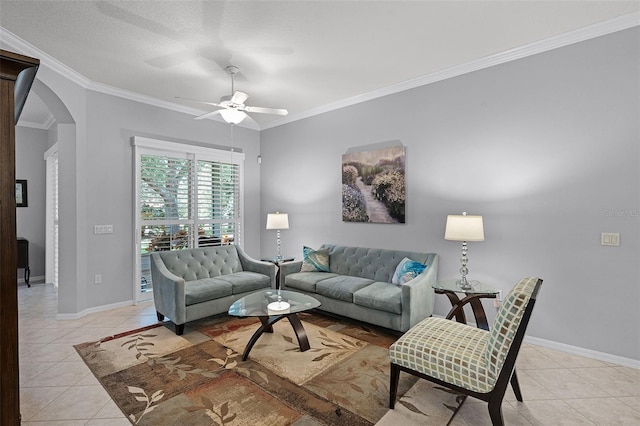 1124 Hidden Blf, Clermont, FL 34711 - living room featuring arched walkways, light tile patterned flooring, crown molding, baseboards, and ceiling fan
