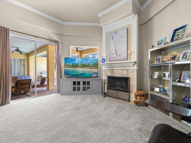 1319 Johns Cove Ln, Oakland, FL 34787 - living room with a tiled fireplace, carpet floors, crown molding, and a ceiling fan