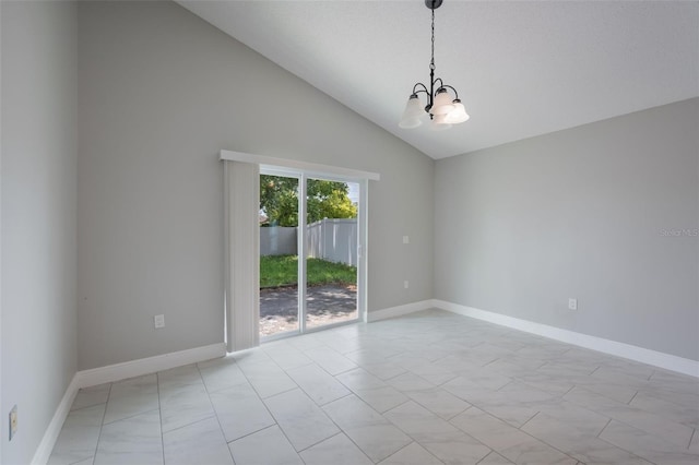 8141 Golden Chickasaw Cir, Orlando, FL 32825 - spare room featuring a chandelier, vaulted ceiling, and baseboards