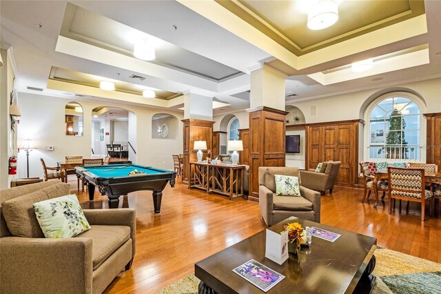 500 Mirasol Cir Unit 203, Celebration, FL 34747 - game room with arched walkways, a tray ceiling, decorative columns, billiards table, and ornamental molding