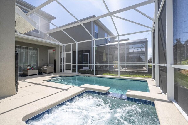 8964 Takeaway Way, Davenport, FL 33896 - view of swimming pool with a patio, an outdoor living space, a pool with connected hot tub, and glass enclosure