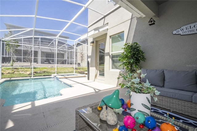 8964 Takeaway Way, Davenport, FL 33896 - outdoor pool featuring a patio area, an outdoor hangout area, a lanai, and an in-ground hot tub