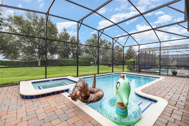 1403 Rolling Fairway Dr, Davenport, FL 33896 - view of swimming pool with a lawn, a pool with connected hot tub, a patio area, and glass enclosure