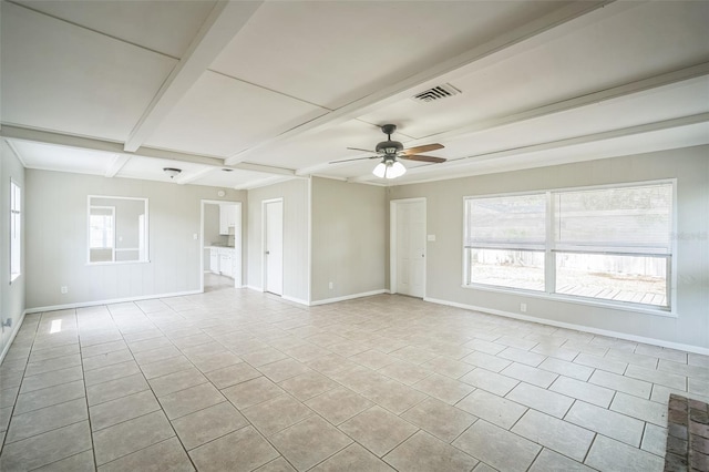 2307 Freemason St, Lakeland, FL 33801 - empty room featuring a ceiling fan, tile patterned flooring, beamed ceiling, and coffered ceiling