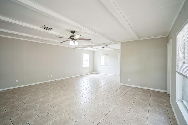 2307 Freemason St, Lakeland, FL 33801 - unfurnished room featuring ceiling fan, beam ceiling, light tile patterned floors, and wood walls