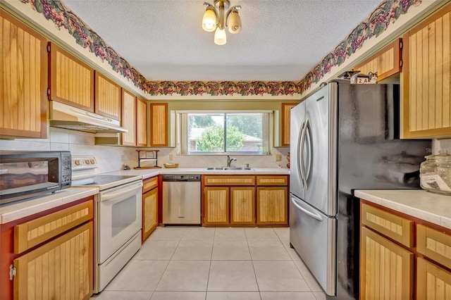 1115 Lake Francis Dr, Apopka, FL 32712 - kitchen featuring appliances with stainless steel finishes, under cabinet range hood, a sink, light countertops, and a textured ceiling