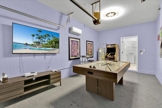 9239 Sommerset Hills Dr, Davenport, FL 33896 - playroom featuring a wall mounted AC, a textured ceiling, concrete block wall, and electric water heater