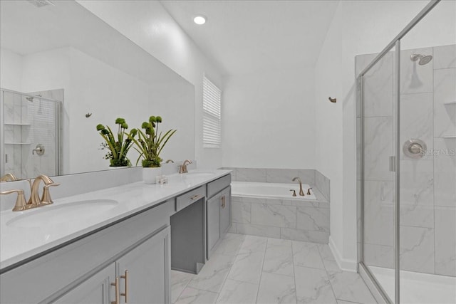 9239 Sommerset Hills Dr, Davenport, FL 33896 - bathroom with marble finish floors, a bath, double vanity, and a marble finish shower