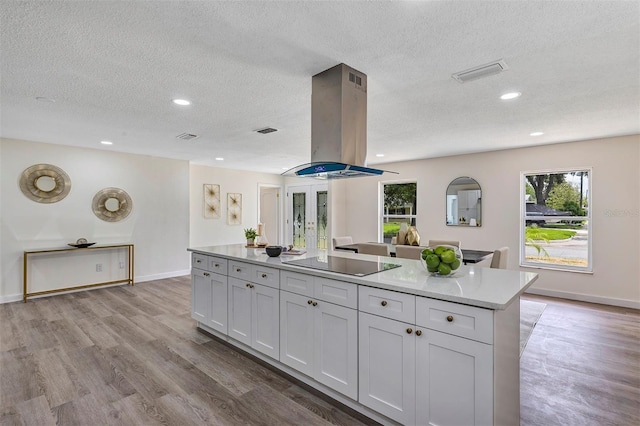 822 Glen Arden Way, Altamonte Springs, FL 32701 - kitchen featuring black electric stovetop, island range hood, a kitchen island, light wood finished floors, and a textured ceiling