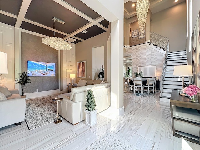 16246 Ravenna Ct, Montverde, FL 34756 - living area with coffered ceiling, stairs, a chandelier, beamed ceiling, and baseboards