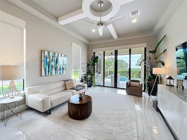 16246 Ravenna Ct, Montverde, FL 34756 - living room with plenty of natural light, a ceiling fan, beam ceiling, and recessed lighting