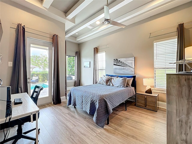16246 Ravenna Ct, Montverde, FL 34756 - bedroom featuring access to exterior, light wood-style floors, an office area, beamed ceiling, and baseboards