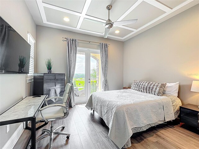 16246 Ravenna Ct, Montverde, FL 34756 - bedroom featuring coffered ceiling, access to exterior, wood finished floors, a desk, and recessed lighting