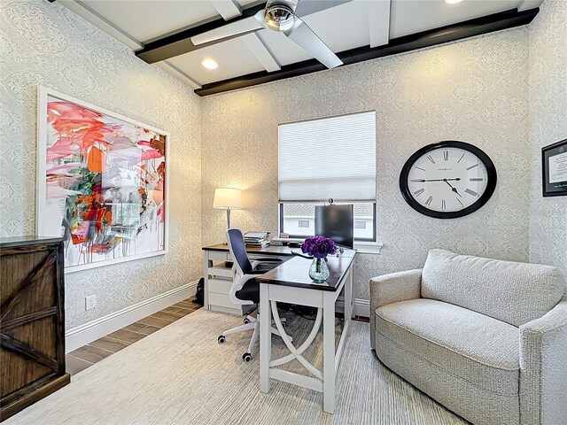 16246 Ravenna Ct, Montverde, FL 34756 - office with wood finished floors, ceiling fan, beam ceiling, wallpapered walls, and coffered ceiling