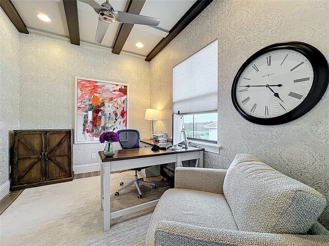 16246 Ravenna Ct, Montverde, FL 34756 - home office featuring beamed ceiling, baseboards, recessed lighting, and wood finished floors