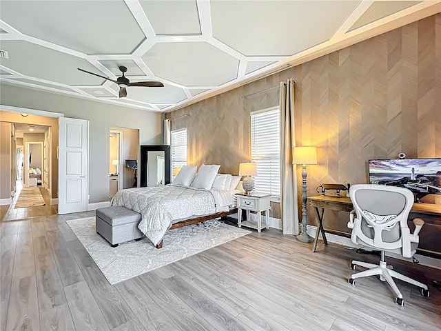 16246 Ravenna Ct, Montverde, FL 34756 - bedroom with a desk, baseboards, wood finished floors, a ceiling fan, and coffered ceiling