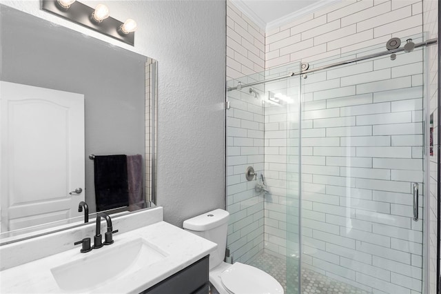 17404 Chateau Pine Way, Clermont, FL 34711 - full bathroom featuring a textured wall, a shower stall, vanity, and toilet