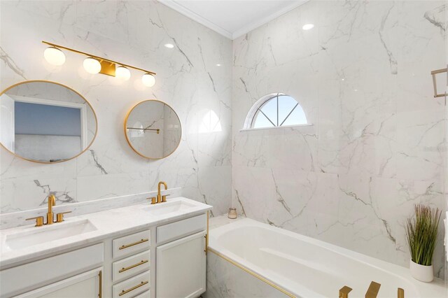 17404 Chateau Pine Way, Clermont, FL 34711 - full bath featuring tile walls, a tub with marble appearance, double vanity, and crown molding