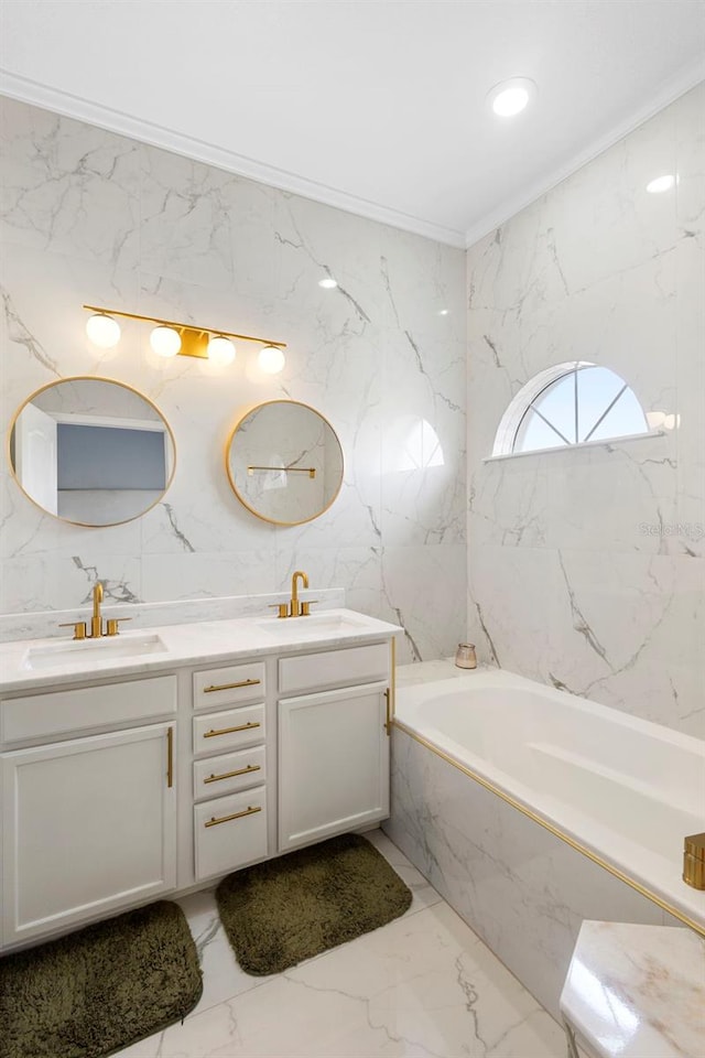 17404 Chateau Pine Way, Clermont, FL 34711 - bathroom with marble tiled flooring, double vanity, and a bath