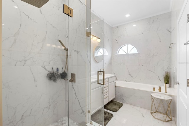 17404 Chateau Pine Way, Clermont, FL 34711 - full bath with marble tiled flooring, a bath, a marble finish shower, vanity, and crown molding