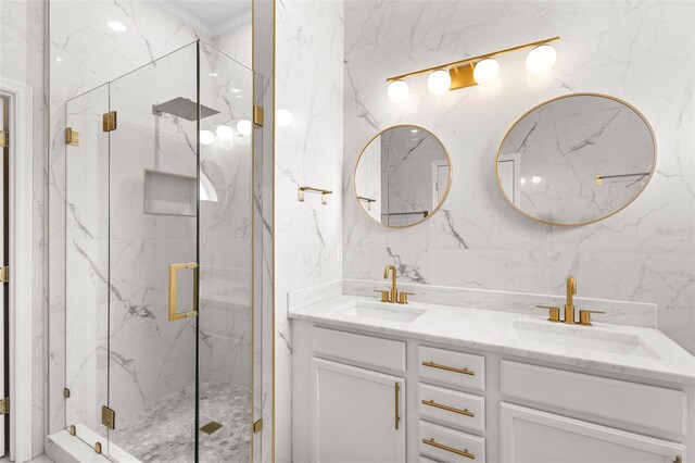17404 Chateau Pine Way, Clermont, FL 34711 - bathroom featuring double vanity, tile walls, and a marble finish shower