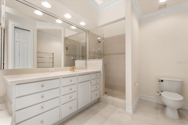 14 Camino Real Blvd Unit 14, Howey In The Hills, FL 34737 - full bathroom with vanity, walk in shower, ornamental molding, recessed lighting, and tile patterned flooring