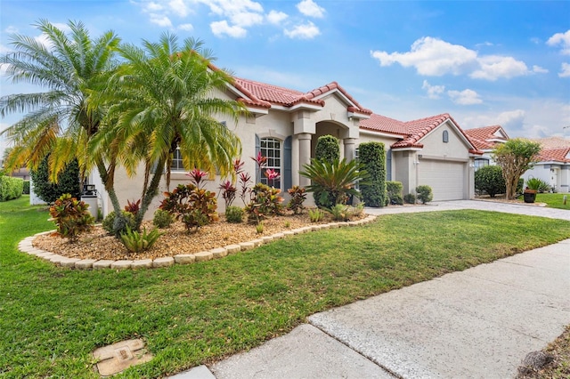 2359 Baronsmede Ct, Winter Garden, FL 34787 - mediterranean / spanish-style house with stucco siding, an attached garage, a tiled roof, and a front yard
