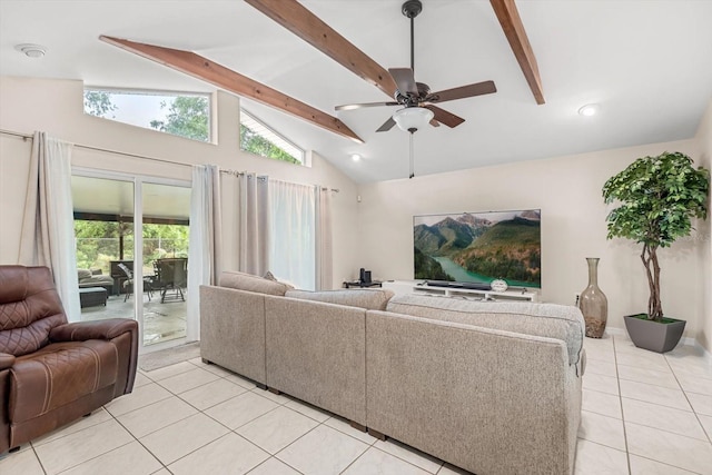 7011 Archwood Dr, Orlando, FL 32819 - living area featuring light tile patterned floors, beamed ceiling, ceiling fan, healthy amount of natural light, and high vaulted ceiling