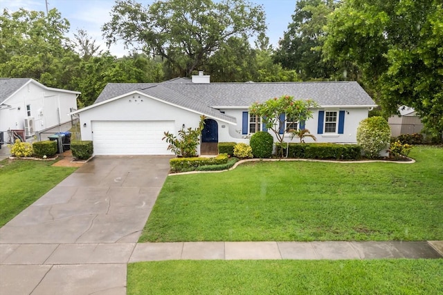 7011 Archwood Dr, Orlando, FL 32819 - single story home featuring stucco siding, an attached garage, driveway, a chimney, and a front lawn