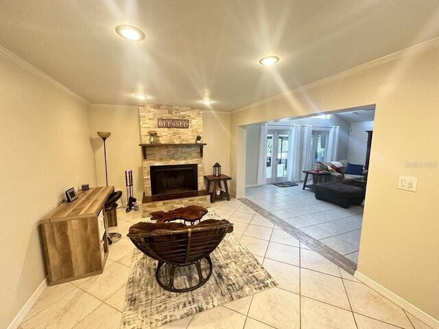7011 Archwood Dr, Orlando, FL 32819 - living room with ornamental molding, a fireplace, baseboards, and recessed lighting