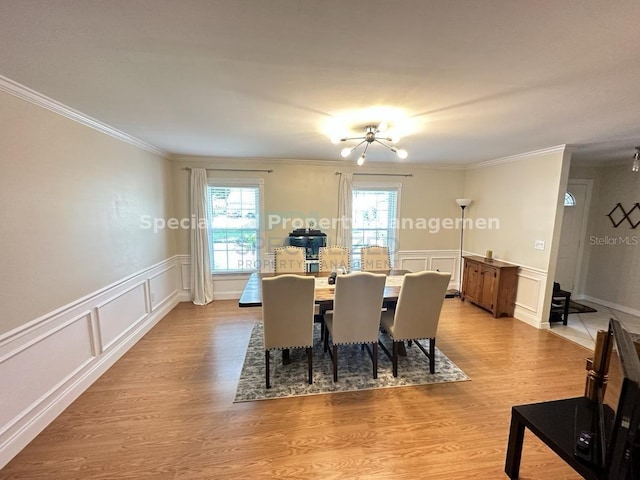 7011 Archwood Dr, Orlando, FL 32819 - dining area featuring a decorative wall, crown molding, a chandelier, light wood finished floors, and a wainscoted wall
