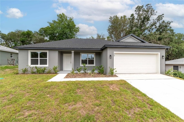 327 Larch Rd, Ocala, FL 34480 - ranch-style house featuring stucco siding, a garage, concrete driveway, a shingled roof, and a front yard