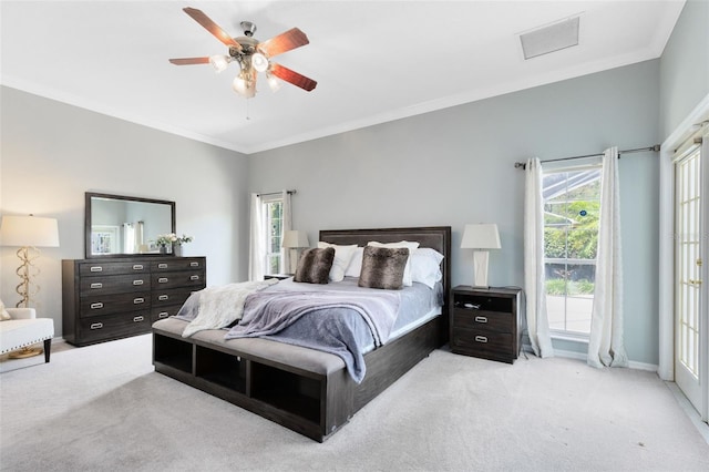 718 Glen Eagle Dr, Winter Springs, FL 32708 - bedroom with carpet flooring, crown molding, multiple windows, ceiling fan, and baseboards