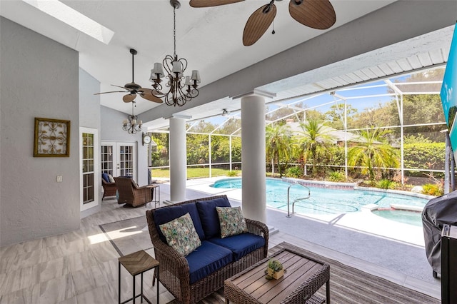 718 Glen Eagle Dr, Winter Springs, FL 32708 - view of patio featuring french doors, ceiling fan, outdoor lounge area, a lanai, and a pool with connected hot tub