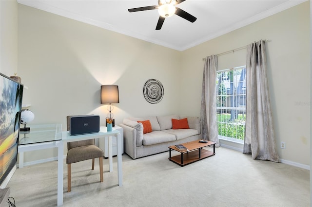 718 Glen Eagle Dr, Winter Springs, FL 32708 - carpeted living area featuring a ceiling fan, ornamental molding, baseboards, and a desk