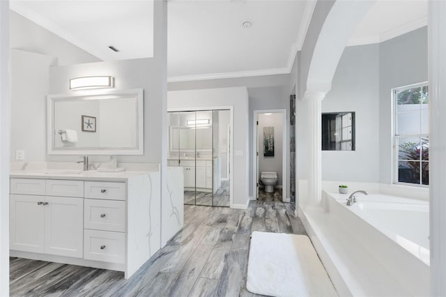 718 Glen Eagle Dr, Winter Springs, FL 32708 - bathroom featuring ornamental molding, a garden tub, vanity, decorative columns, and toilet