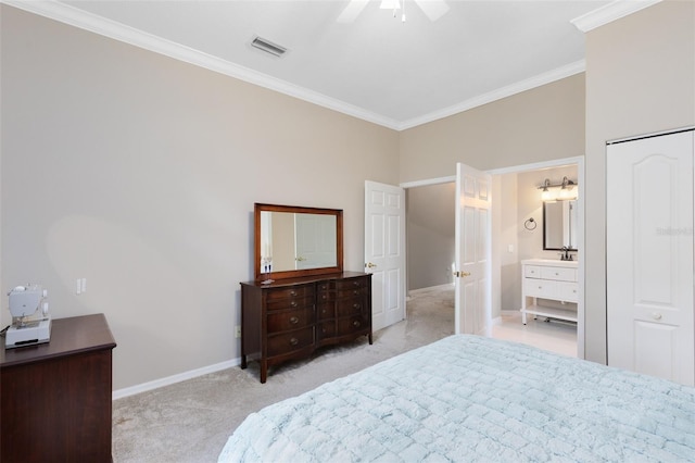 718 Glen Eagle Dr, Winter Springs, FL 32708 - bedroom featuring light colored carpet, ornamental molding, baseboards, a ceiling fan, and connected bathroom