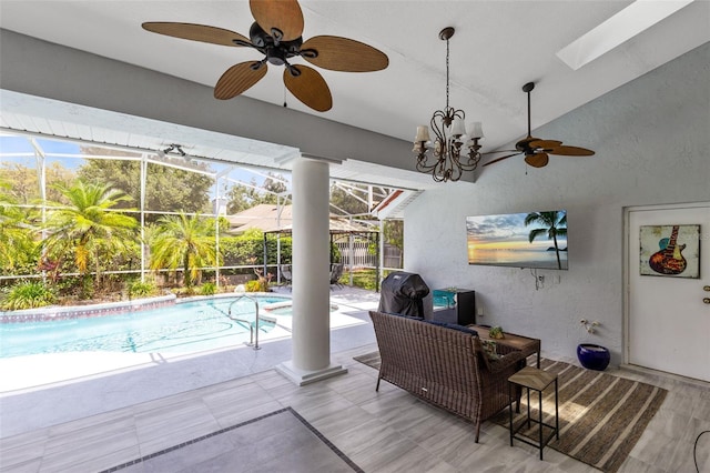718 Glen Eagle Dr, Winter Springs, FL 32708 - outdoor pool featuring ceiling fan, grilling area, glass enclosure, and a patio area