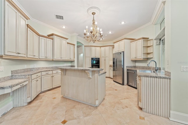 1542 Islay Ct, Apopka, FL 32712 - kitchen featuring appliances with stainless steel finishes, a sink, open shelves, light stone countertops, and ornamental molding