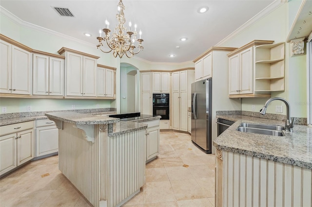 1542 Islay Ct, Apopka, FL 32712 - kitchen with a sink, stainless steel appliances, open shelves, arched walkways, and crown molding