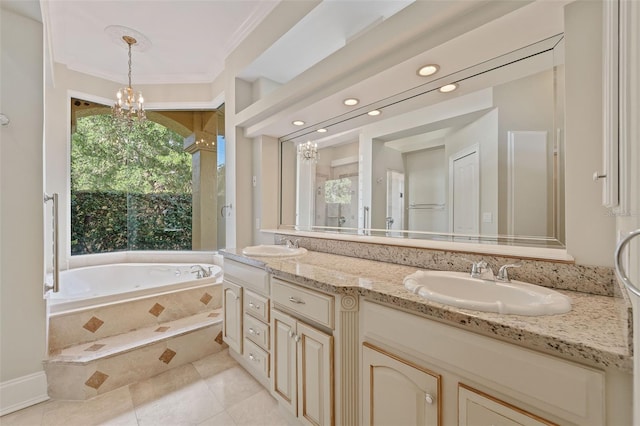1542 Islay Ct, Apopka, FL 32712 - full bath featuring double vanity, a garden tub, a chandelier, tile patterned floors, and crown molding